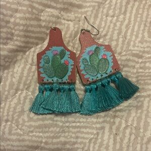 Cactus Tassel Earrings with Teal Fringe